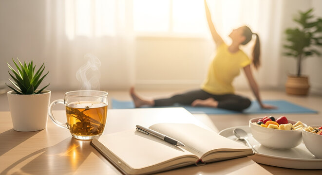 Healthy morning routine with yoga and tea