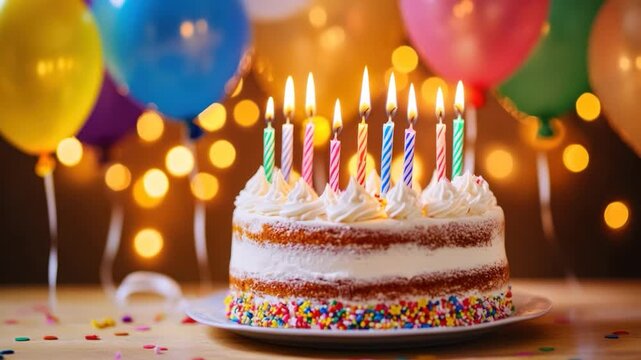 A frosted layer cake adorned with lit candles, balloons, and colorful sprinkles. Celebratory scene