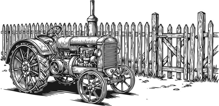 vintage tractor parked near wooden fence and gate in countryside scene, detailed hand drawn illustration
