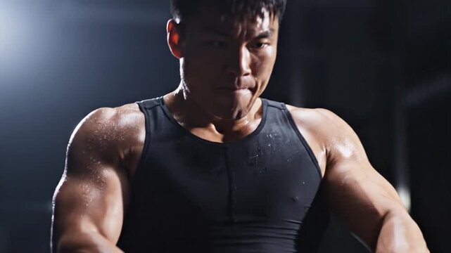Intense Asian Man Rowing Machine Workout in Gym