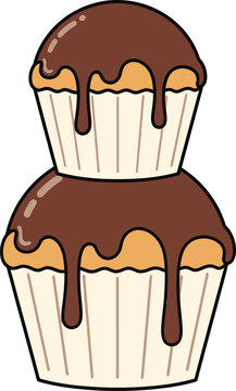 Two stacked chocolate frosted cupcakes with dripping icing on a white background