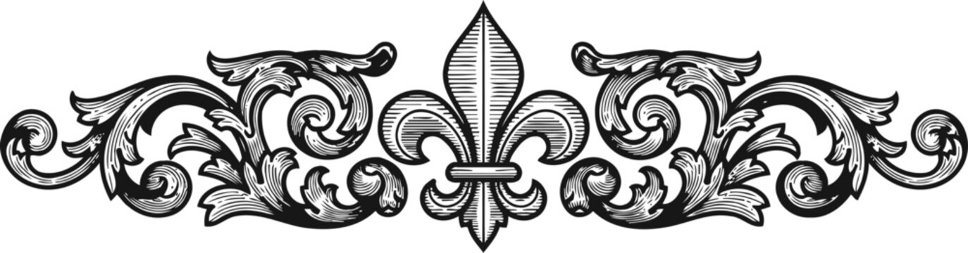 Elegant vintage floral vector border with fleur de lis center ornate design element