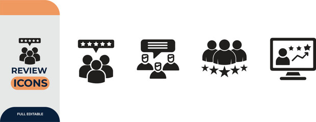 Review icon set. Containing feedback, rating, satisfaction, like icons. Vector illustration.