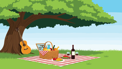 Fototapeta premium Peaceful outdoor picnic scene under a large shade tree featuring a blanket with a food basket, wine bottle, glasses, and an acoustic guitar.