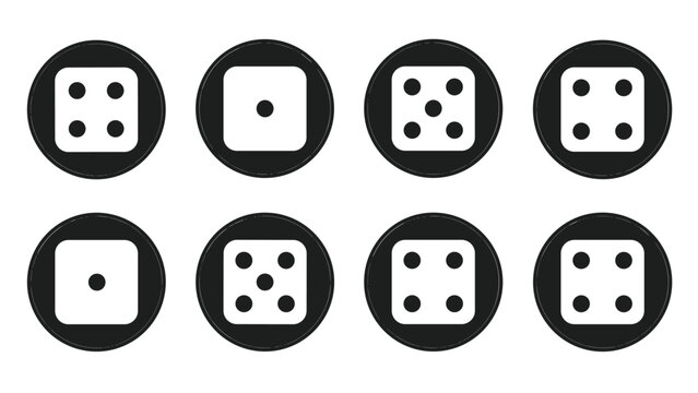 Collection of circular black icons displaying white dice faces representing various numbers such as one, four, and five in a clean graphic style.