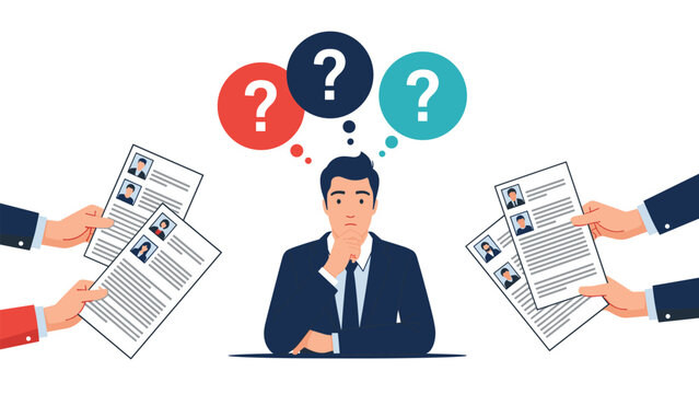 Stressed hiring manager or recruiter thinking deeply about multiple candidate resumes being offered by several hands for a job position.