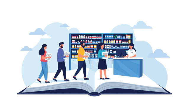Healthcare professionals working in a pharmacy store setting within an open giant book to symbolize medical knowledge and education.