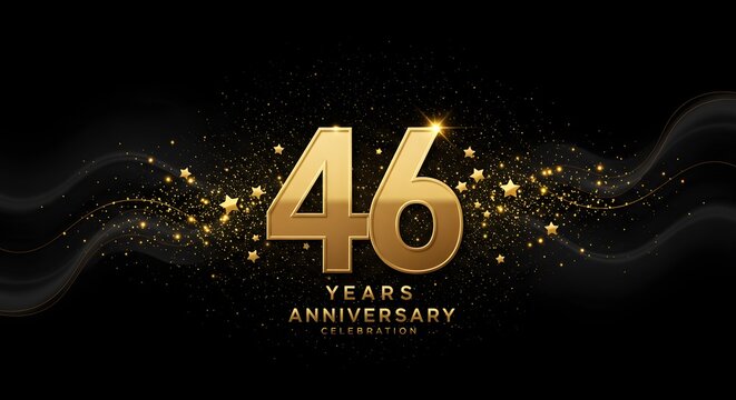 Gold 46th anniversary design with stars and glitter on a dark, flowing background