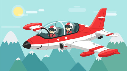 Two cartoon pilots flying red and white airplane over snowy mountains