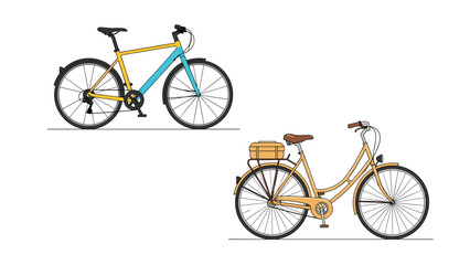 Fototapeta premium Comparison of a modern blue and yellow mountain bike and a classic beige city bicycle with a rear rack and basket.