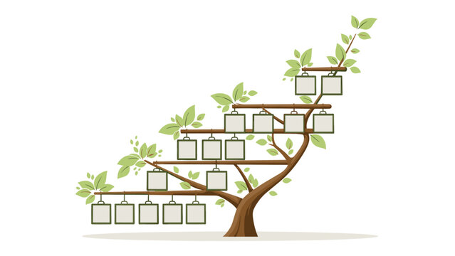 Large brown tree with green leaves and many blank square photo frames hanging from its branches to represent a family lineage.