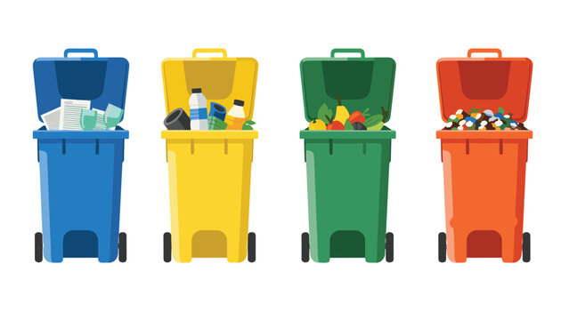 Set of four colorful recycling bins in blue yellow green and orange labeled for paper plastic organic and general waste disposal.