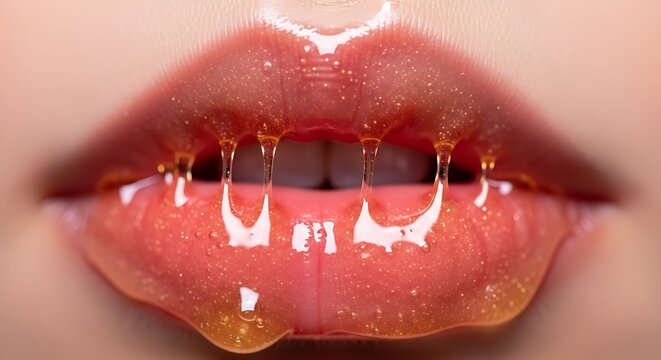 Extreme close-up of glossy lips with golden honey dripping, sensual beauty shot