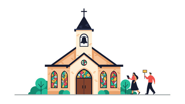 Quaint community church building featuring colorful stained glass windows and a tall bell tower as local people walk by the entrance.