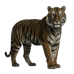 Fototapeta premium A majestic tiger stands and gazes forward against a stark transparent background.