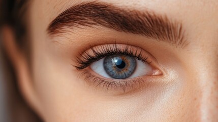 Obraz premium Close up of female blue eye with long lashes clean skin and natural eyebrow in soft studio lighting