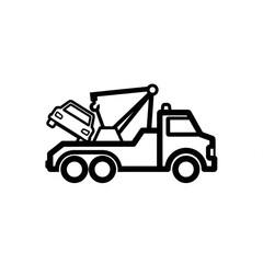 Fototapeta premium Tow truck lifting a damaged vehicle on a roadside, viewed from the side, illustrating a recovery operation