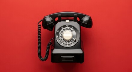 Vintage black rotary phone on red background