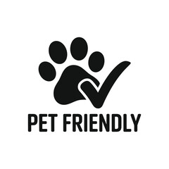A black paw print with a checkmark and the text pet friendly © sifat