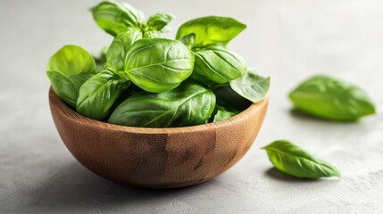 Fresh green basil leaves in wooden bowl on gray table, close up of herb used for cooking and healthy meals