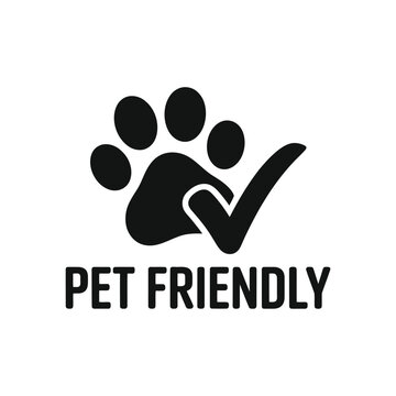 A black paw print with a checkmark and the text pet friendly