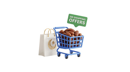 Miniature shopping cart filled with dates and a shopping bag highlighting special offers.