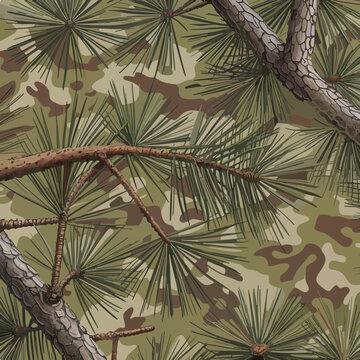 Seamless pine forest camouflage pattern with needles and branches, designed for tactical hunting gear.