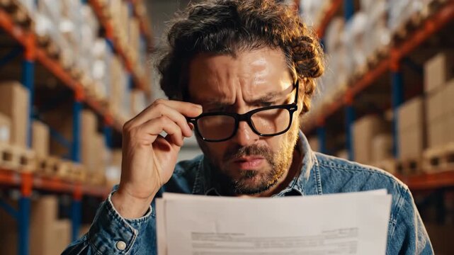 Man in a warehouse looking at a document with a concerned expression on his face while working