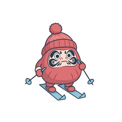 Naklejka premium Cute Daruma Doll Skiing in Winter with Red Beanie and Skis