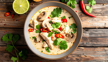 Thai chicken soup tom kha gai on wooden table
