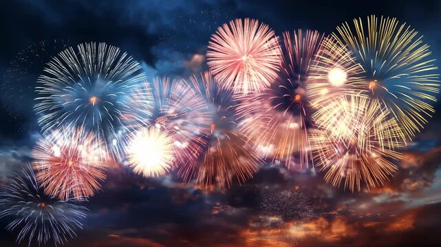 Colorful festive fireworks exploding in the evening sky during celebration with dramatic glowing clouds