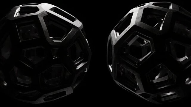 Two Intricate Polyhedral Geometric Spheres in Black and Gray Tones with Complex Repeating Pattern Digital Art Rendered on Black Background