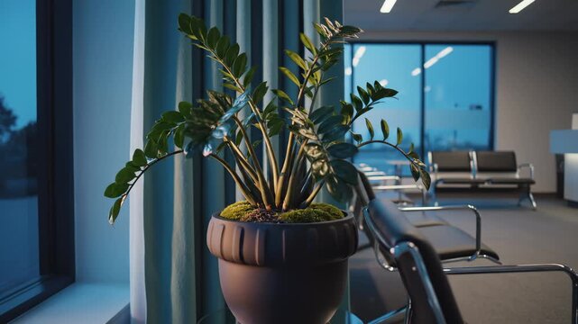 Zamioculcas Plant in a Waiting Room Near Seats, Modern Interior Decor