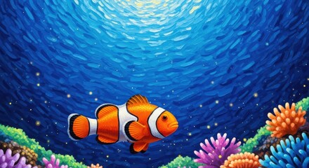 Fototapeta premium Vibrant clownfish swimming in colorful coral reef underwater scene
