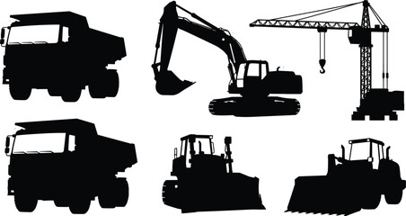 Construction vehicle silhouettes, dump truck, excavator, crane, bulldozer, front loader, heavy machinery icons, black vector, industrial equipment illustration © Md