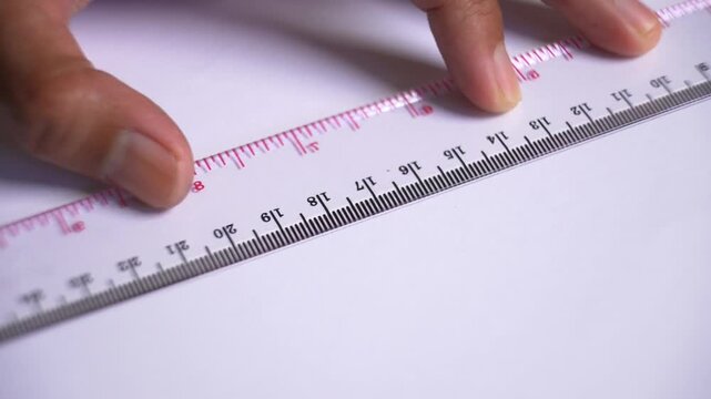 Drawing straight lines with a ruler on a plain surface for accurate measurement and technical drafting
