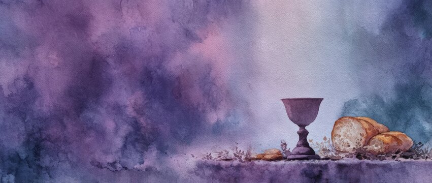 Mystical Communion: Bread and Chalice Amidst a Dreamy Lavender Haze