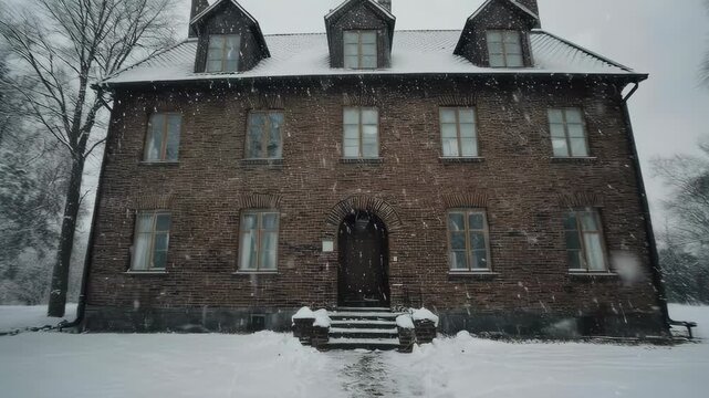 A snow-covered brick house in a winter landscape with trees. A snowy path leads to the door