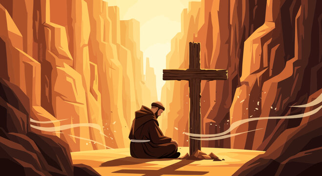 Man kneeling in prayer beside cross.