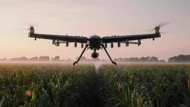 A drone flies over a cornfield at dawn, with the sun low on the horizon