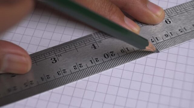 Hand drawing a straight line using a metal ruler on a grid paper surface