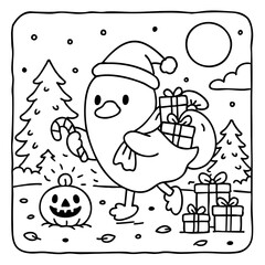 Naklejka premium A playful cartoon bird in a Santa hat carries gifts in a snowy landscape, featuring a pumpkin and decorated trees under a bright moon.