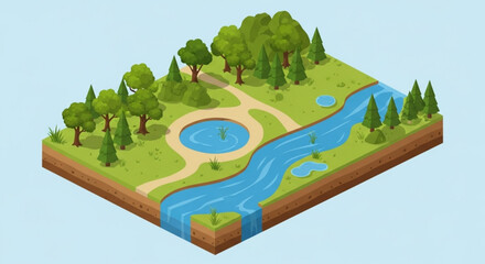 Isometric Game Environment: Forest River Landscape with Detailed Soil Strata