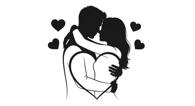 Illustration of a romantic couple embracing, surrounded by hearts, symbolizing love and affection in a simple, elegant design