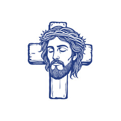 Jesus Christ wearing crown of thorns on wooden cross.