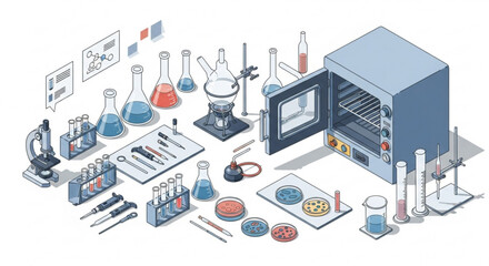 Modern Science Illustration: Isometric Lab Oven, Petri Dishes, and Glassware