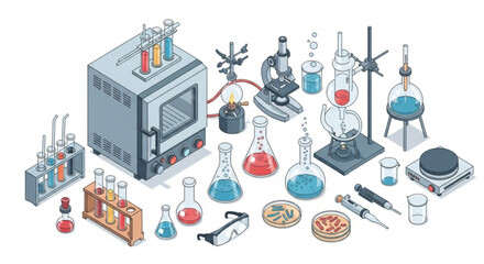 Laboratory Tech Concept: Isometric Scientific Tools and Equipment on White