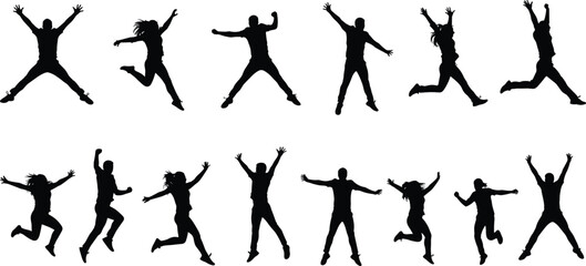 Jumping people silhouettes set &ndash; happy youth and adults celebrating, energetic pose collection, joyful movement, active lifestyle black vector