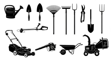 Gardening Tools Silhouette Set: Professional Lawn Equipment and Maintenance Icons