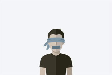 Illustration of a man blindfolded and silenced, symbolizing censorship, freedom of speech suppression, social pressure, silenced voices, and human rights issues. Vector illustration.